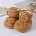 Cozy infant winter warm plush boots with cute bear embroidery and easy velcro strap. - Brown (Teddy Bear Patch Style)