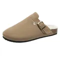Bequeme braune Clogs aus Wildlederimitat mit warmem weißem Kunstfellfutter und Schnallenriemen - Khaki