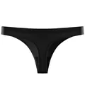Detailed front view of seamless black ice silk thong with a low-rise waist and soft cotton crotch. - M / Bottoms / Black
