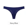Close-up detail of navy blue seamless ice silk thong featuring a pure cotton crotch - M / Bottoms / Navy Blue