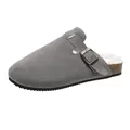 Elegante graue Wildleder-Clogs mit warmem Fellfutter und verstellbarer Metallschnalle - Grau