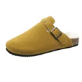 Senfgelbe Wildleder-Clogs mit warmem weißem Kunstfellfutter und verstellbarer Schnalle - Gelb