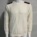 Men's slim fit crew neck knitted sweater in white with maroon shoulder patches - M / Tops / White