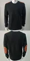 Men's black crewneck knitted sweater featuring stylish brown shoulder and elbow patches. - M / Tops / Black