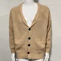 Classic men's khaki ribbed knit button-up cardigan sweater with front pockets for autumn - Beige