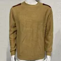 Men's slim fit crew neck knit sweater with brown shoulder patches in mustard yellow. - M / Tops / Khaki