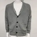 Stylish grey knitted button-down cardigan for men featuring front pockets and long sleeves - Gray