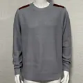 Men's classic gray round neck long sleeve knitted sweater with dark brown shoulder patches - M / Tops / Gray