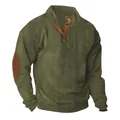Detail view of men's olive green corduroy sweatshirt featuring a buttoned stand collar - 5XL / Tops / Army Green