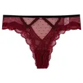 Perizoma sexy in pizzo bordeaux con inserti in mesh a pois ed elastico nero in vita - Borgogna