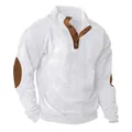 Detail view of white ribbed corduroy sweatshirt with button collar and elbow patches. - White
