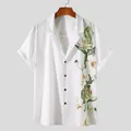 Camicia hawaiana da uomo bianca a maniche corte con stampa floreale tropicale da spiaggia - Taglia S / Top / Verde