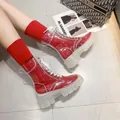 Fashionable transparent lace-up platform combat boots paired with vibrant red socks - 35 / Red