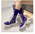 Fashionable women's transparent PVC lace-up mid-calf boots with chunky clear soles - 35 / Purple