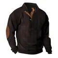 Close-up view of dark brown ribbed corduroy sweatshirt featuring a tan button placket - Coffee