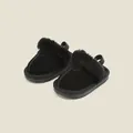 Cozy black baby fleece slippers with soft fur lining and elastic back strap. - Size 15 / Inner 12.0cm / Black