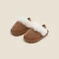 Cozy brown toddler winter slippers with fluffy white faux fur trim and heel strap. - Size 16 / Inner 12.5cm / Camel
