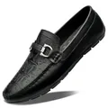 Hochwertige schwarze Herren-Leder-Loafer mit Krokodilprägung und eleganter silberner Schnalle - 36 / Schwarz (1126)