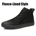 Zapatos casuales de caña alta en cuero genuino negro con forro polar cálido para hombre - Estilo con Forro de Felpa