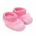 Adorable pink lace princess baby shoes featuring a cozy knit collar and non-slip soft soles - Inner Length 9cm / Lace Trim Color Blocking Style / Pink and White (K08)