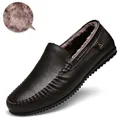 Men's dark brown leather loafers with warm fleece lining and comfortable soft sole - 36 / Fleece Lined (9002) / Brown