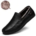 Men's premium black leather loafers featuring warm plush lining and comfortable soft sole - 36 / Fleece Lined Style / Black