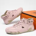 Casual women's pink leather high-top Martin boots featuring an adjustable velcro strap - 36 / Pink Color Block (F8008)