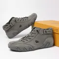 Premium grey high-top leather boots featuring an adjustable strap and anti-slip wave sole - 36 / Gray