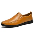 Premium hand-stitched tan leather loafers for men with flexible black soft sole - Tan