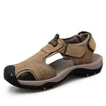 Men's brown leather closed-toe fisherman sandals with anti-slip rubber soles for beach - 40 / YPT-7238 Khaki