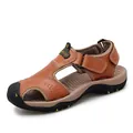 Premium men's brown leather sandals with closed-toe design and anti-slip soft rubber sole - 38 / Tan