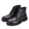 Macro view of black genuine leather high-top Martens boots with lace-up and zipper details - 38 / Black