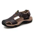 Dark brown men's leather beach sandals with closed toe and adjustable strap - 38 / Deep Brown
