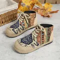 Ethnic style high-top linen cloth shoes featuring totem patterns and platform soles - 35 / Blue