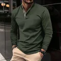 Detailed view of green waffle knit T-shirt with stand collar and camo placket - S / Tops / Army Green