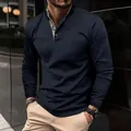 Detailed view of men's navy waffle knit long sleeve henley t-shirt with stylish stand collar - S / Tops / Navy Blue