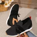 Breathable black knitted platform sneakers for women with decorative bow laces - 35 / Flats / Black