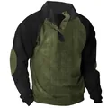 Detailed view of men's corduroy raglan sweatshirt with buttons and stand collar - S / Tops / Green and Black Patchwork
