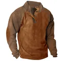 Men's slim fit corduroy raglan sweatshirt with a stylish stand collar and buttons. - Dark Khaki & Brown