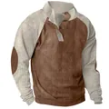 Detailed view of men's casual raglan sweatshirt featuring corduroy texture and buttoned stand collar - Brown & Apricot