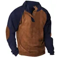 Macro view of men's color block corduroy sweatshirt with buttoned stand collar detail - Deep Khaki And Navy Blue