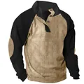 Detail of men's slim fit corduroy sweatshirt with raglan sleeves and stand collar - S / Tops / Light Khaki And Black