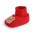Close-up of red baby winter soft sole sock shoe with a cute cartoon bear embroidery - Insole Length 11cm / Red
