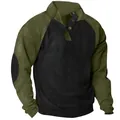 Casual men's slim-fit corduroy raglan sweatshirt featuring stand collar and buttons - S / Tops / Black and Army Green
