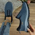Side view detail of blue suede outdoor hiking shoes with thick non-slip soles - 36 / Blue