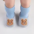 Macro view of baby indoor soft sole shoes with a cute cartoon bear embroidery design - 11cm / Cartoon Bear Style (6127) / Sky Blue