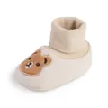 Detailed view of soft beige baby shoe with cute cartoon bear embroidery and knitted cuff - Insole Length 11cm / Apricot