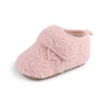 Macro detail of soft pink plush baby winter fleece boots with secure strap closure - Insole Length 11cm / Pink