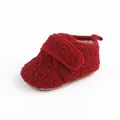 Detailed view of dark red soft fleece baby winter walking bootie with velcro fastener - Insole Length 11cm / Red