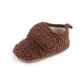 Close-up detail of cozy brown teddy fleece baby walker shoe with warm soft lining - Insole Length 11cm / Coffee